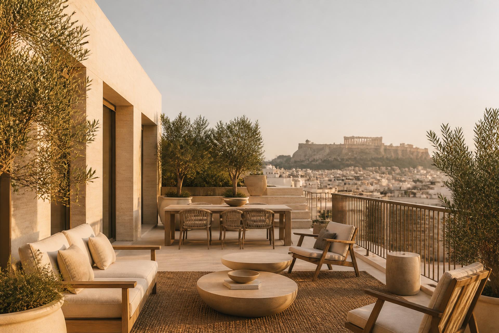 Terrace of an Athens apartment at golden hour with the Acropolis in the distance